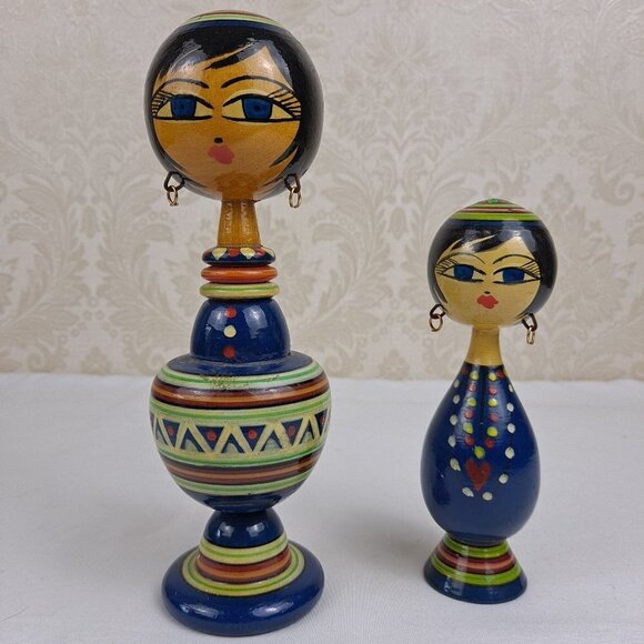 Pair of Egytian Spindle Dolls 1960's Handmade and  Hand Painted Vintage - Picture 1 of 14